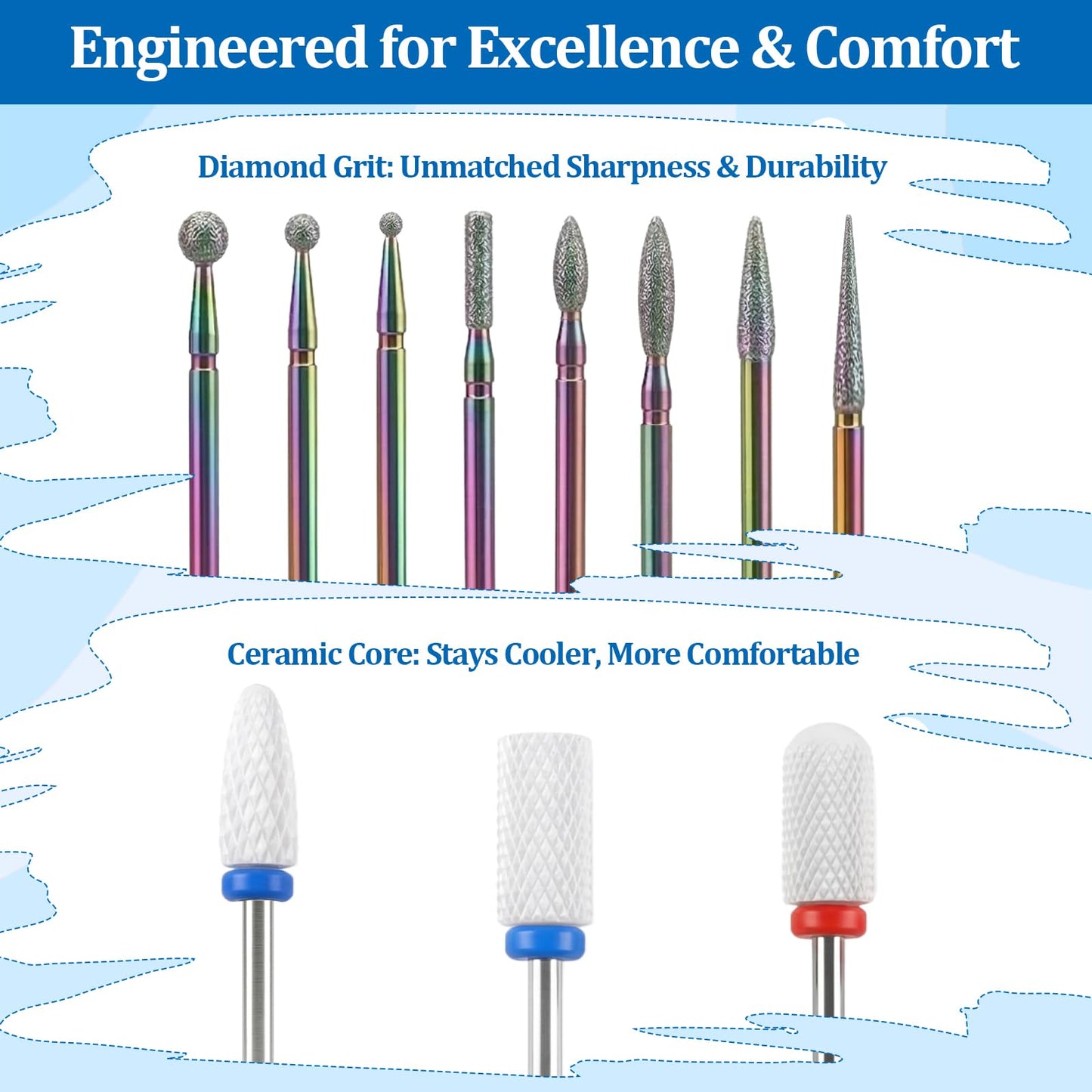 Cuticle Nail Drill Bits Diamond & Ceramic Grits Professional Nail Drill Bits for Electric Nail Files, Manicure Pedicure, Gel & Acrylic Nails, Home Salon Use (13 Packs）