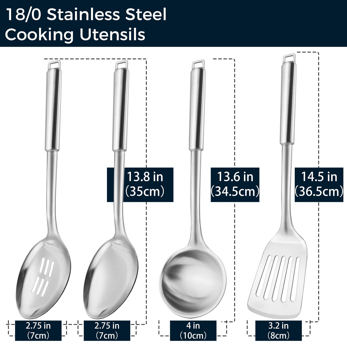 MUJINON 18/0 Stainless Steel Kitchen Cooking Utensil Set, Ergonomic Handle, Dishwasher Safe, Slotted Spoon, Ladle, Turner, Serving Spoon for Housewarming Daily Use Commercial, Pack of 4