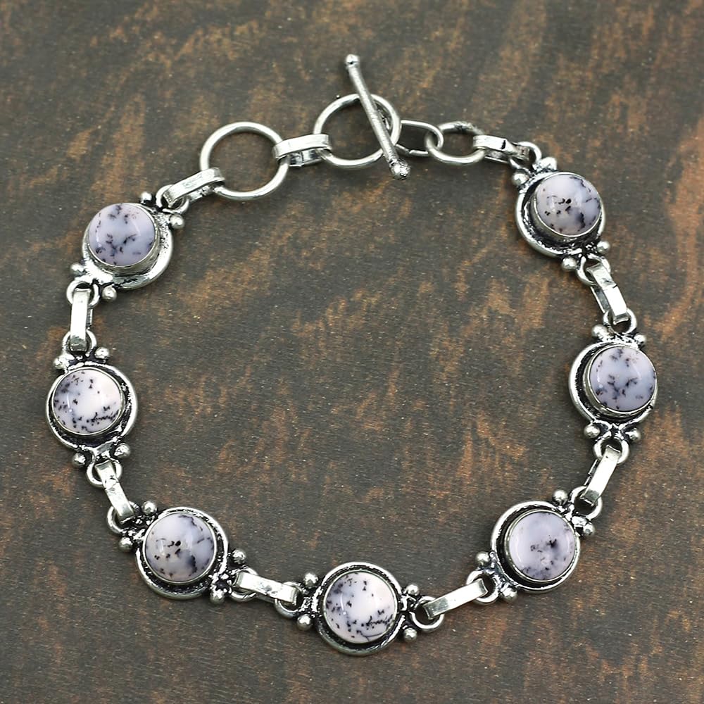 Natural Dendrite Opal 925 Silver Plated White Gemstone Bracelet for Women - October Birthstone Vintage Style Handmade Adjustable Bracelet - Mother's Day Gifts for Her