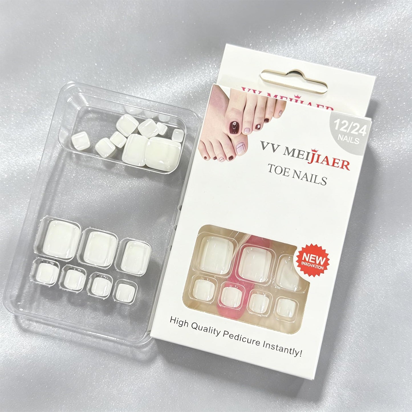 White Chrome Press on Toenails Short Square Fake Toe Nails Mirror Gloss Finish Toenail Press ons Smooth White Chrome Nail Tips Full Cover Reusable Stick on Toenails for Women Manicure 24Pcs