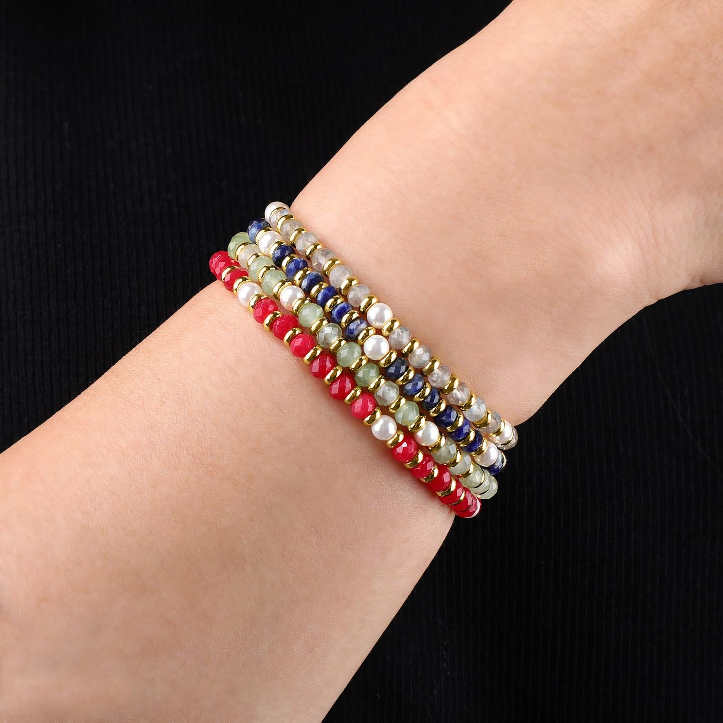 QOGIR Ruby Jade - Dreams Come True - 14K Gold Plated Beads Gemstone Stretch Elastic Dainty Healing Beaded Bracelets Gifts 2x4mm