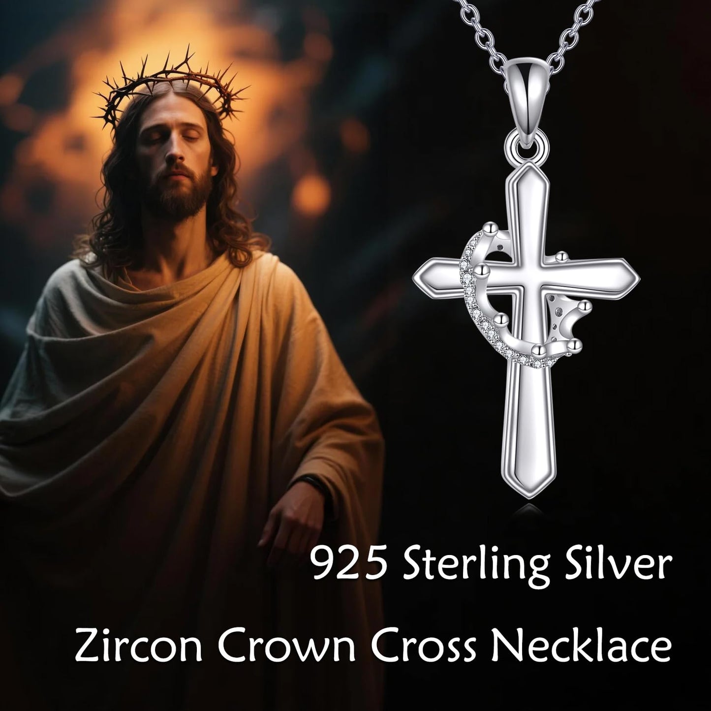 VONALA 925 Sterling Silver Crown Cross Necklace Baptism Religious Pendant Jewelry First Communion Day Gift for Women