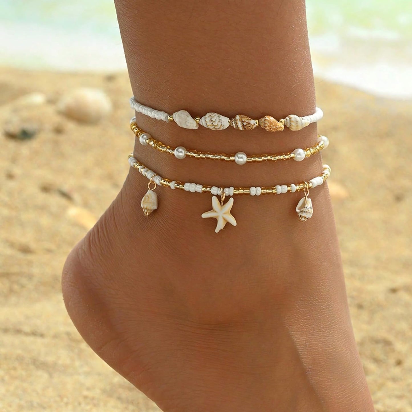 Qceasiy Shell Ankle Bracelet Set for Women, Boho Bead Adjustable Anklet, Hawaiian Beach Seashell Pearl Heart Starfish Conch Foot Jewelry Gifts (Conch Starfish 3Pcs)