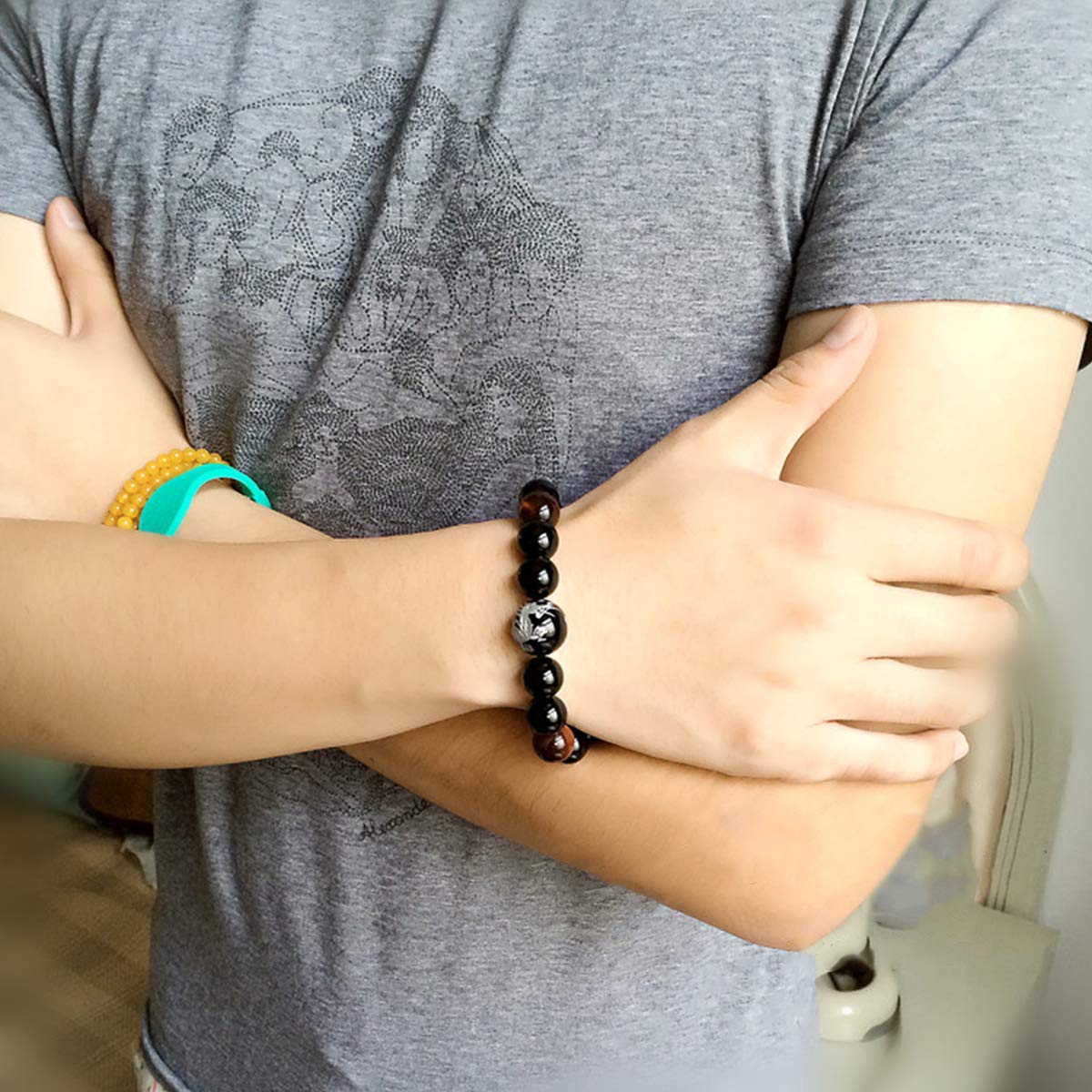 Merdia Men's Tiger Eye Stone Elastic Bead Bracelet with Loong Pattern