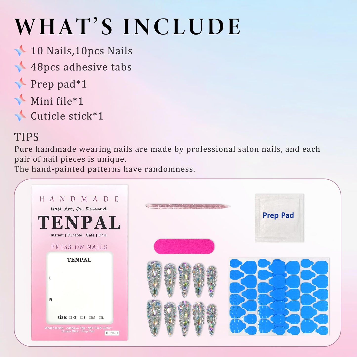 TENPAL 10Pcs Luxury Press On Nails Long Stiletto,Full Cover Crystal Glitter Fake Nail Set with Tools,Reusable Bride Wedding Nails for Bridal Party Bachelorette,Statement Making Glamorous Nail(L)
