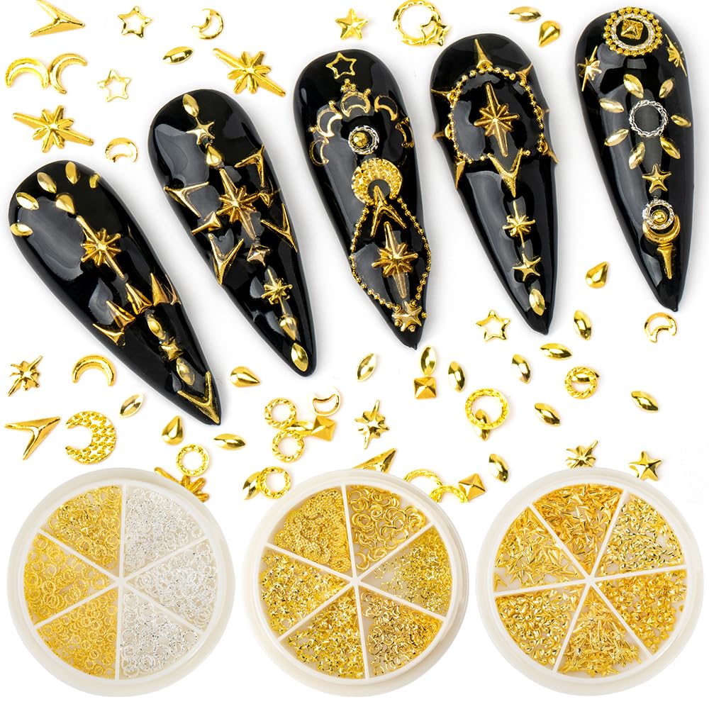 DZHILHMX 3D Nail Charms - Gold Star, Moon, Multiple Shape Gem, 3 Boxes, Metal Nail Decoration Studs, for Nail Art