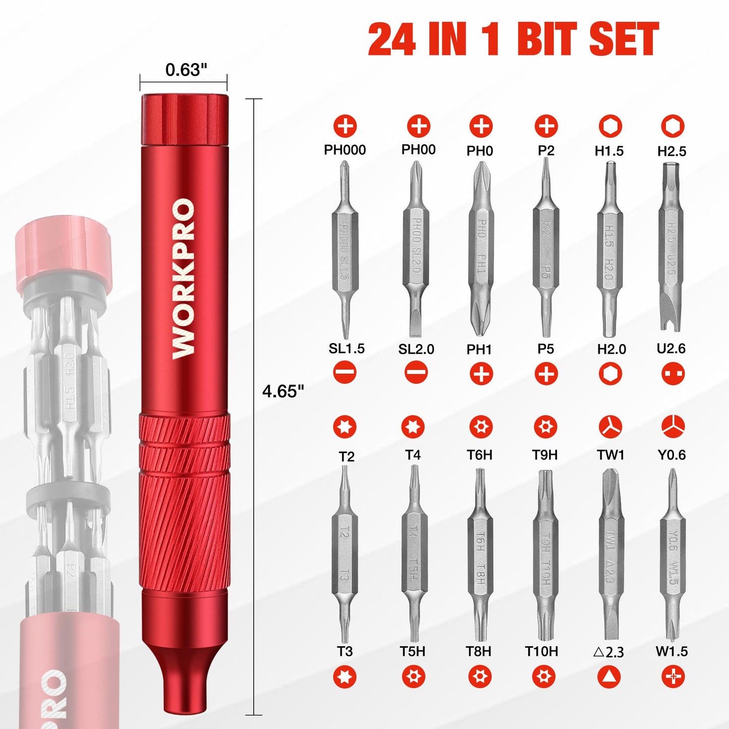 WORKPRO 24 in 1 Multi Bit Mini Screwdriver Set Magnetic, Manual Pen Screwdrivers, Tough S2 Steel Small Screwdriver Bits for Eyeglass, Watch, Laptop, Phone, Jewelry and Electronic, Red