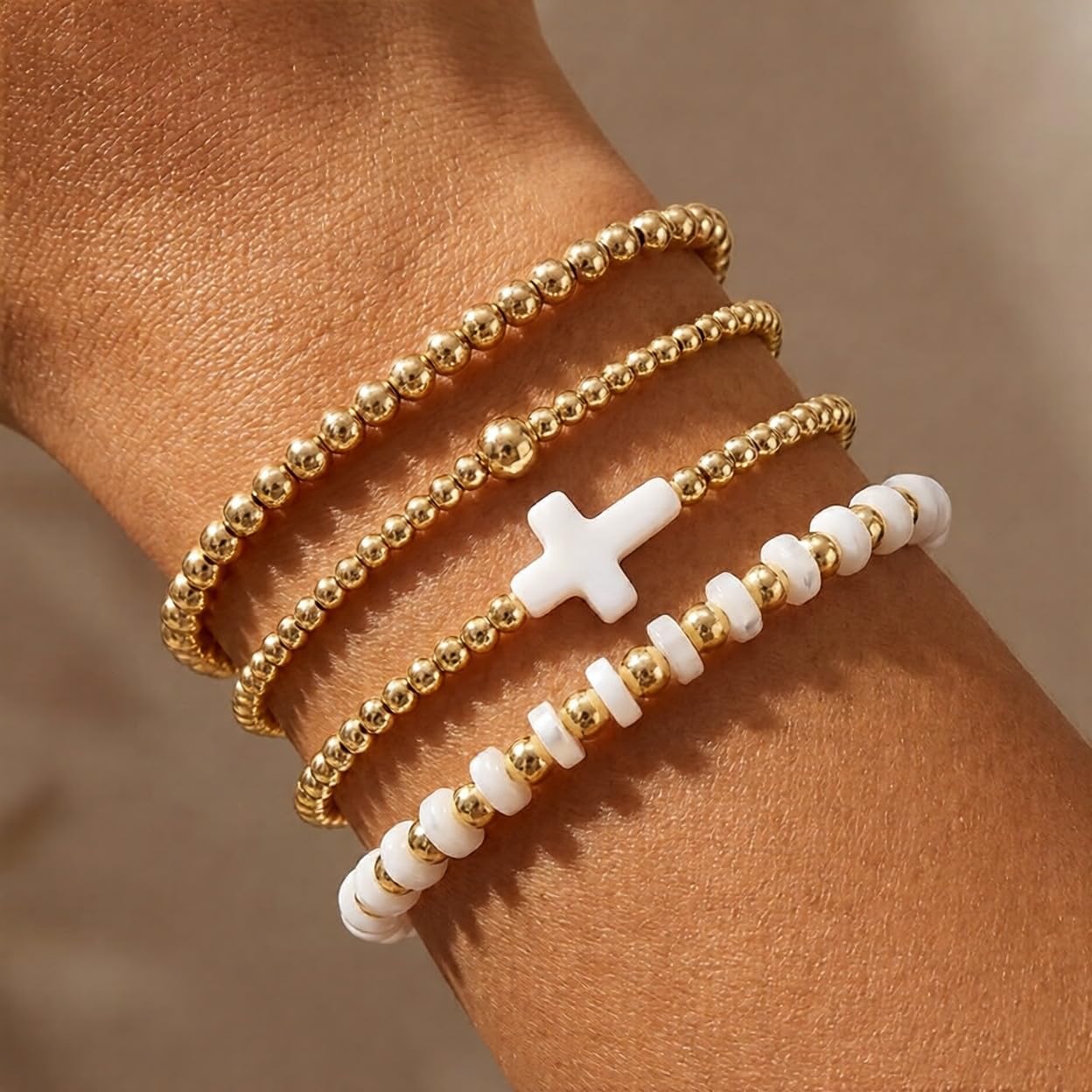 Bohxantium Gold Beaded Bracelets for Women - Stackable Cross Bracelet Stretch Gold Beads Stack Handmade Boho Dainty Non Tarnish Religious Jewelry Trendy Summer Friendship Christian Gift for Women
