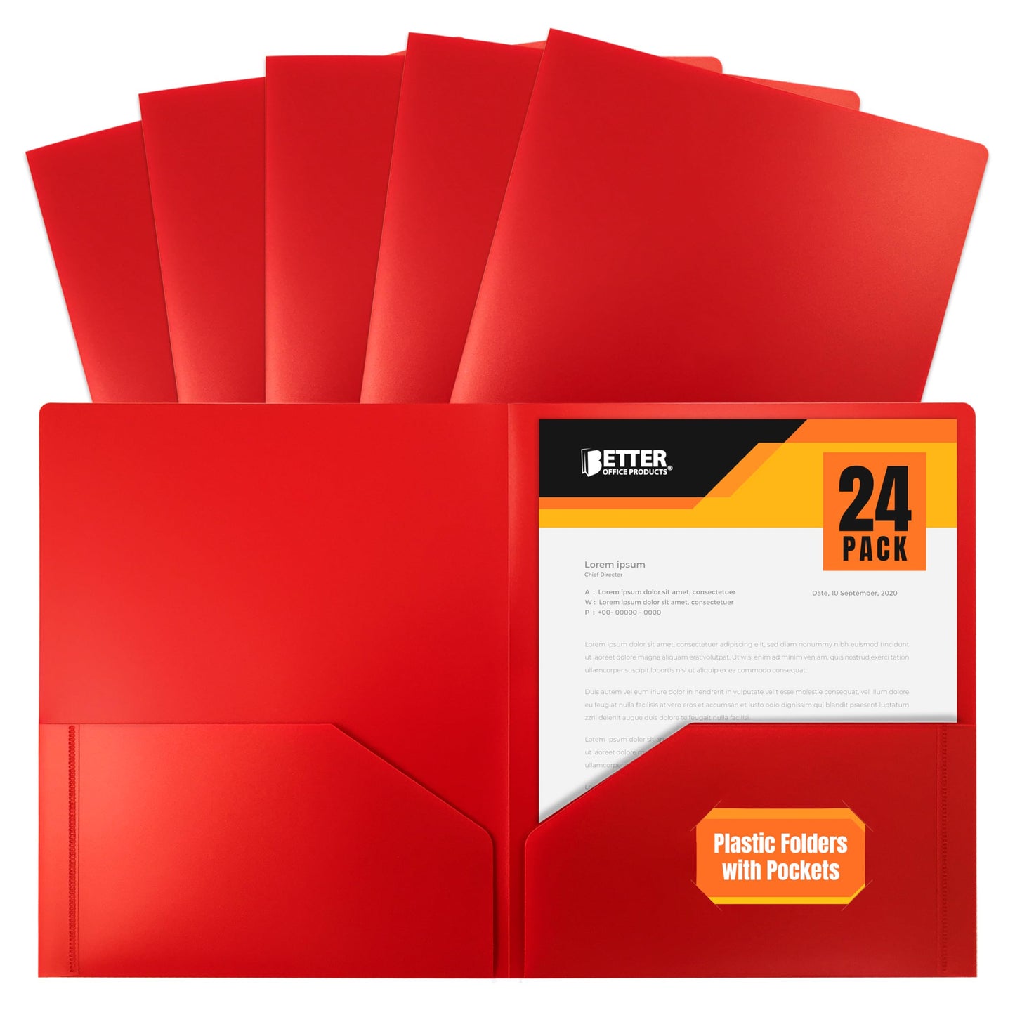 Better Office Products Heavyweight Plastic 2 Pocket Portfolio Folder, Letter Size Poly Folders 24 Pack (Red)
