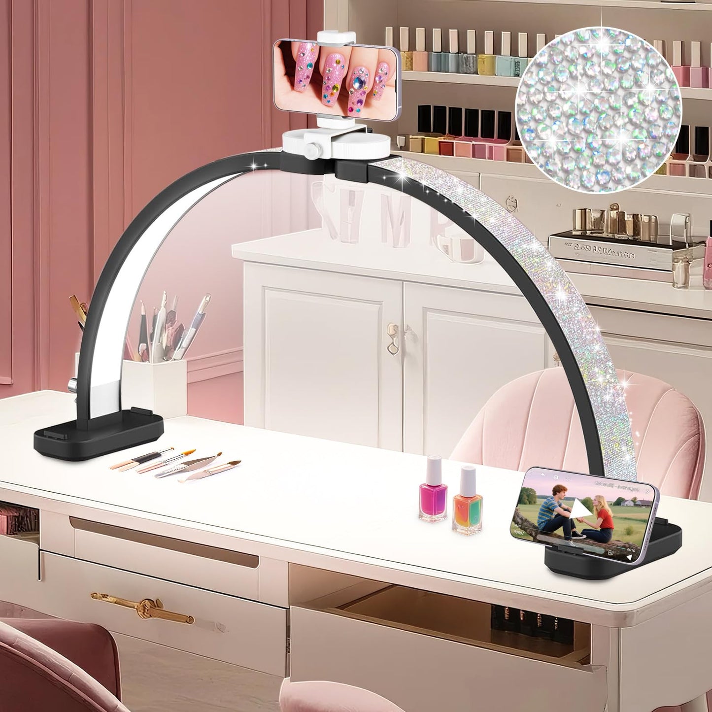 HITTI 31in Large Half Moon Light for Nail Desk, Foldable, Phone Stand, LED Adjustable Brightness and Color, 48W, Arch Nail Tech Table Lamp for Manicure, Craft, Art, Jewelry Making (Crystal Diamond)