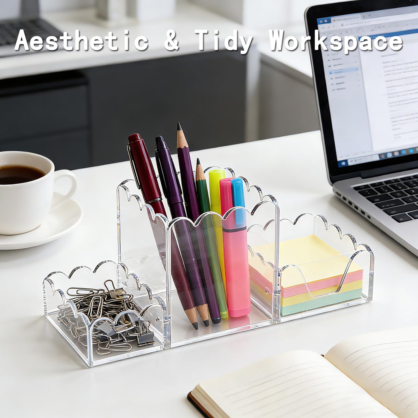 YAGELI Clear Acrylic Desk Organizer Set of 3, Magnetic Modular Pen Holder with Sticky Notes & Paperclip Tray, Aesthetic Desk Accessories for Home Office & Minimalist Decor