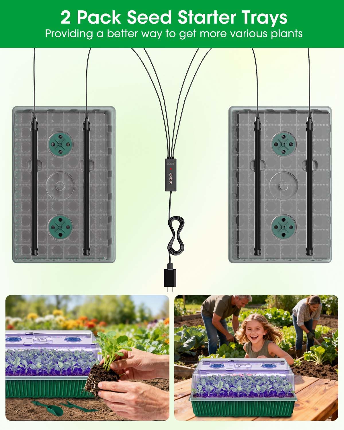 2PCS 120 Cell Self-Watering Seed Starter Tray Kit with Grow Light Humidity Dome,120-Cell Large Plant Seedling Tray, 3 Color Growing Light, Seed Starting Trays for Plant Germination（2PCS, 120 Cell）