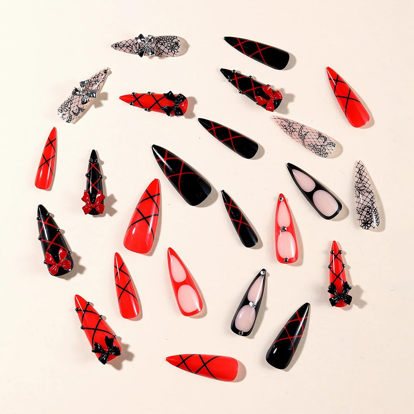 MISUD Press on Nails - Long Stiletto Glue on Nails with Goth Red Black, Acrylic Gothic Lace Charms Design 24 pcs