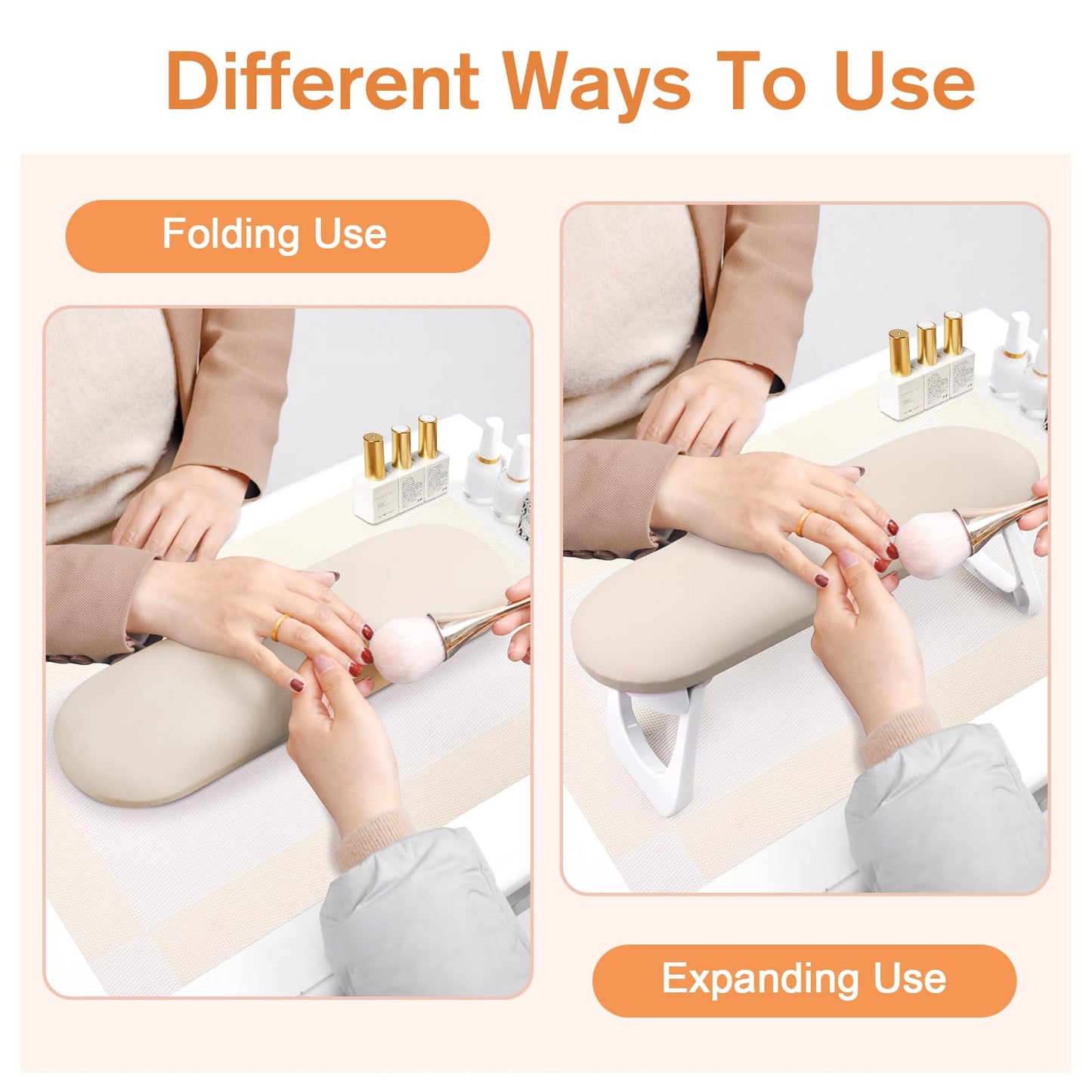 Subay Arm Rest for Nails Tech, Foldable PU Leather Nail Arm Rest for Acrylic Nails Cushion Hand Holder, Hand Rest Pillow Nail Art Accessories Tool for Manicure Pedicure Salon Home Use - Light Brown