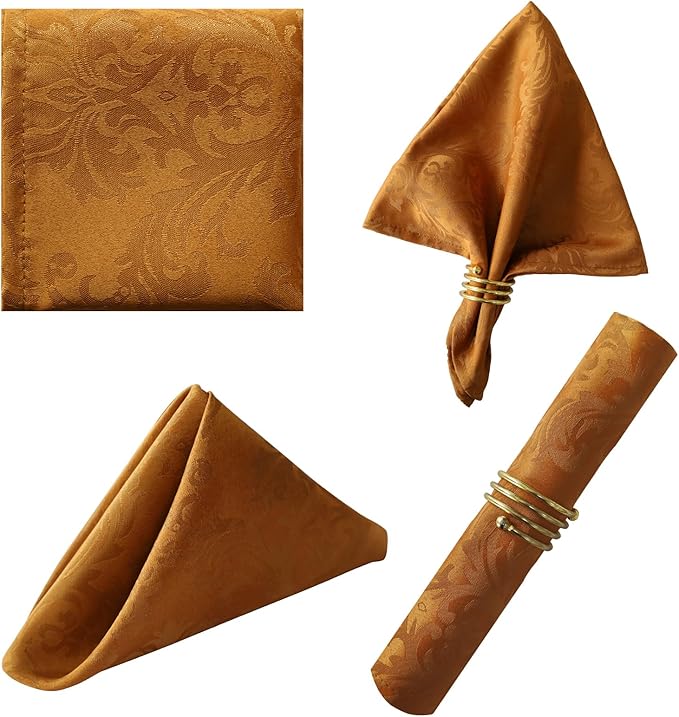 SASTYBALE Brown Jacquard Square Napkin, 20x20 Inche Damask Wrinkle Resistant Soft Polyester Napkins, Fabric Cloth Dinner Napkins for Wedding, Winter, Holiday, Xmas, Parties, Set of 4 (Brown)