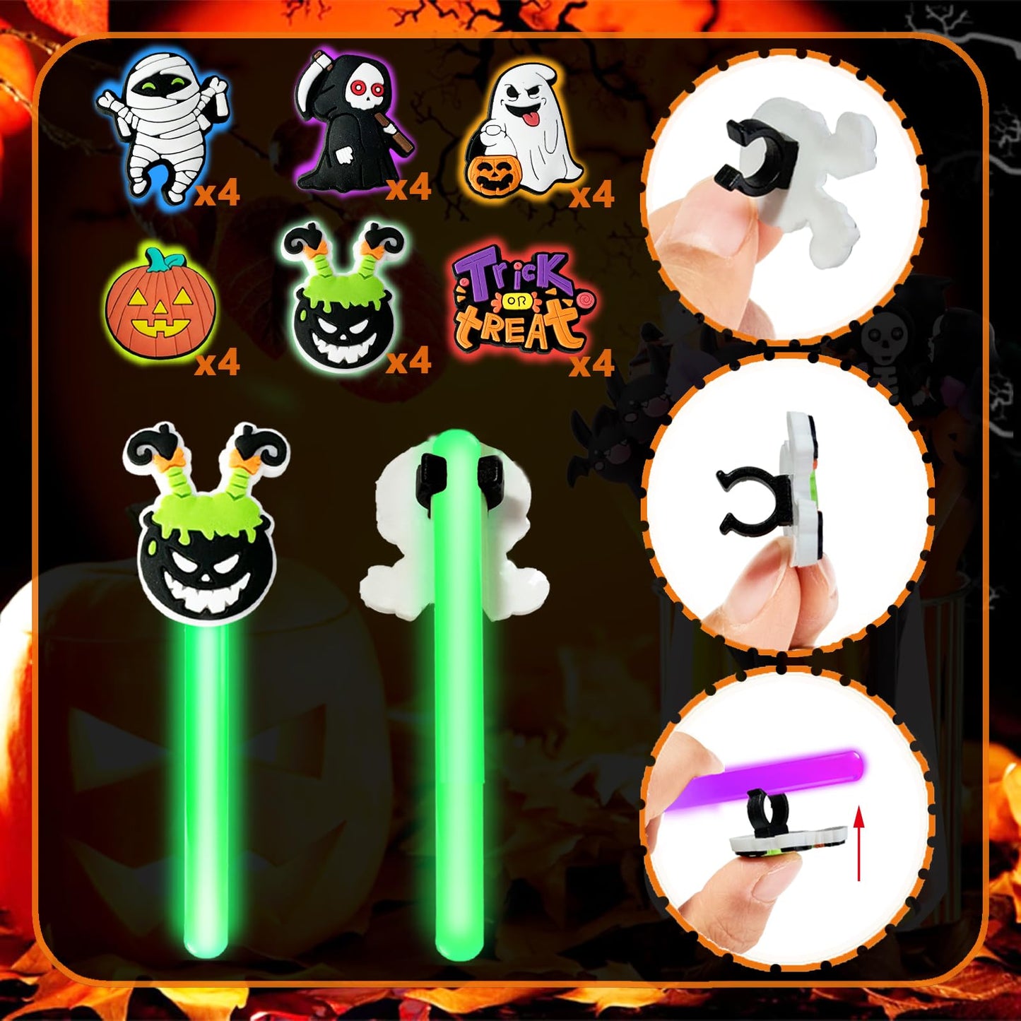 Ertyjikg 24 Pack Halloween Glow Sticks with Cards Halloween Glow Bright Night Gift Pumpkin Ghost Glow Sticks for Hall oween Night Prize Supplies (Multicolor)