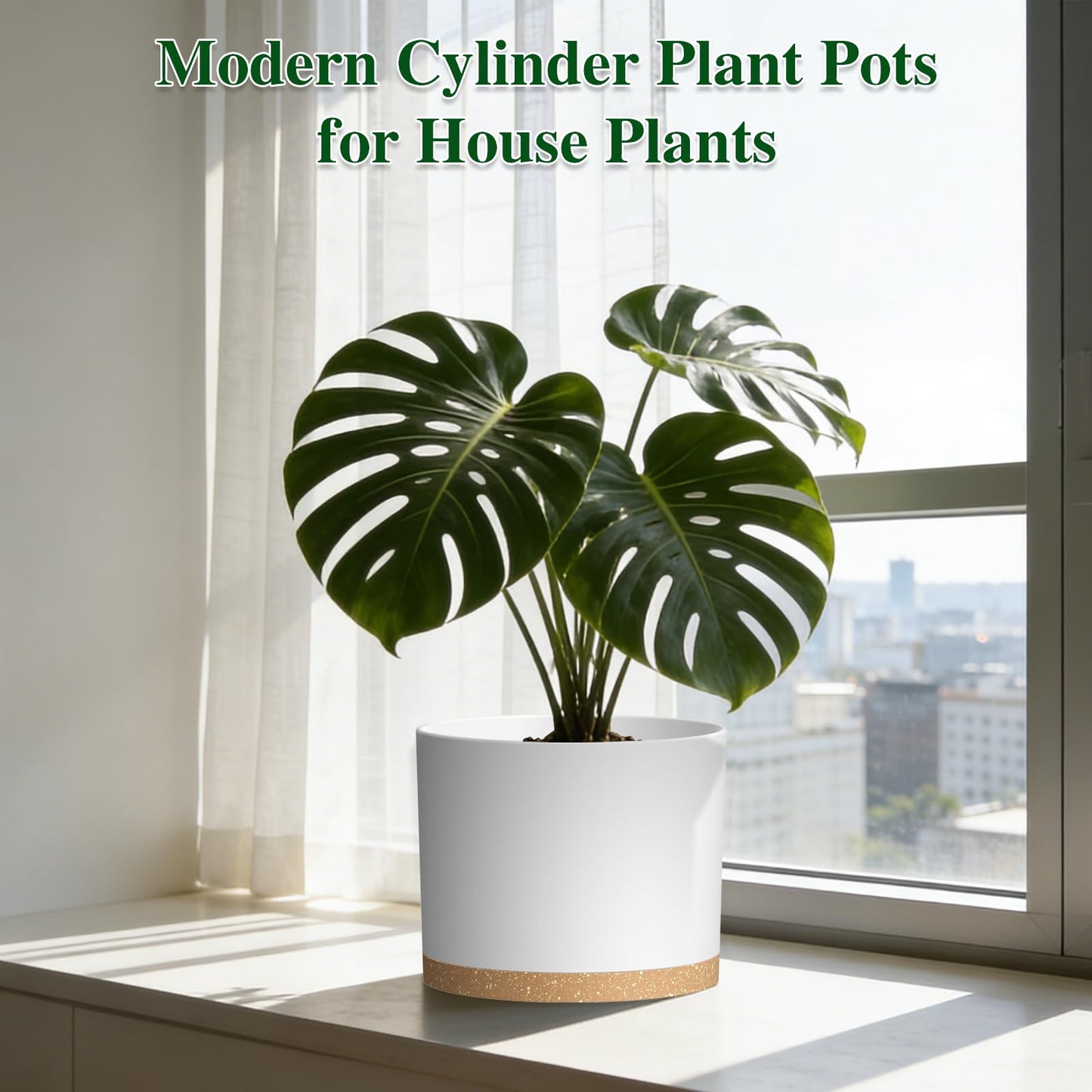 KUGAZ Plant Pots, 10/9/8 Inch 3 Pack Cylindrical Flower Pots with Drainage Holes and Saucers, Plastic Planters for Outdoor Indoor Plants,White Brown