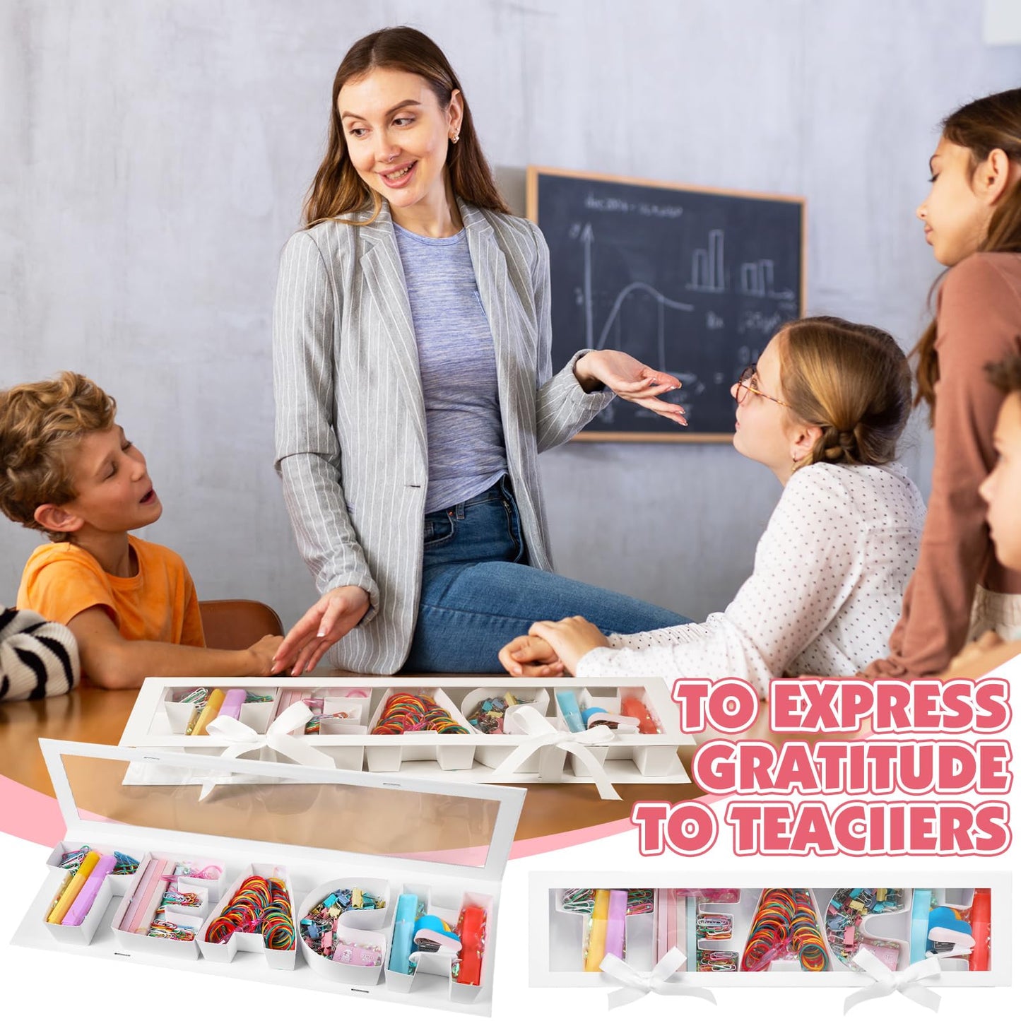 AmazingSpark Teacher Appreciation Gift Box with Stationery Thank You Gifts for Teacher Teach Letter Box with Heart Sticky Note Highlighter Stapler Scissors Paper Clips for School