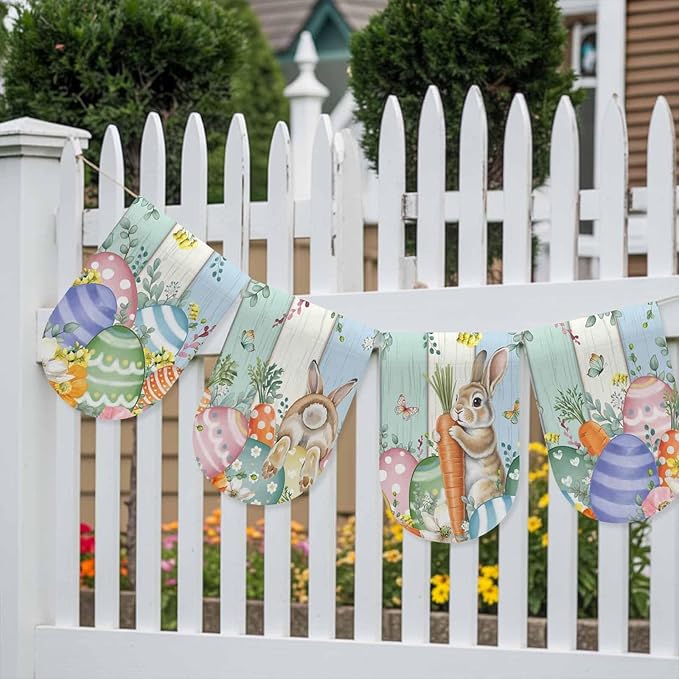 Easter Banner 4Pcs Indoor Outdoor Hanging Banner Flag Spring Rabbit Eucalyptus Leaves Eggs Wooden Sign for Fireplace Mantel Decorative Bunting Garland Valance for Shop Door Mantle Decor 9.8"x15.8"
