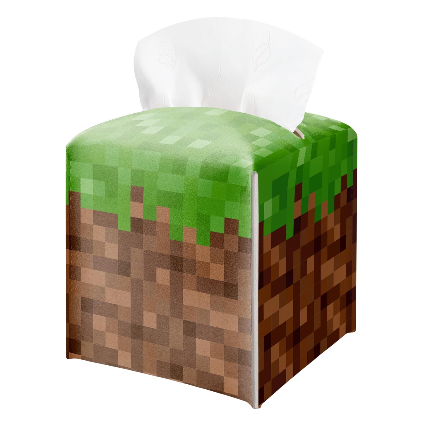 Pixel Grass Block Square Leather Tissue Box Cover – Pixel Theme Party Tissue Box Cover Holder Square, Pixelated Decor for Bathroom Nightstand Kitchen, Birthday Party Gift for Kids & Their Friends