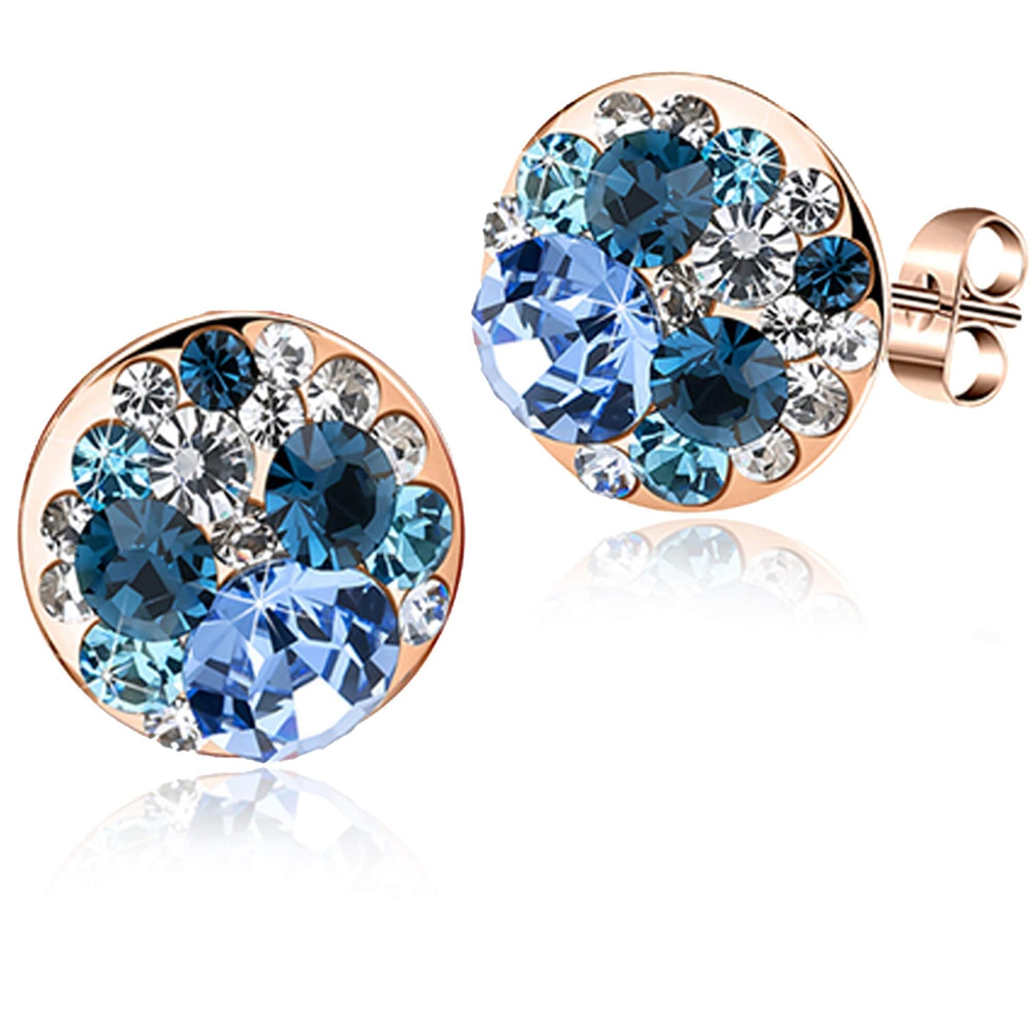 Multicolored Austrian Crystal Rhinestone Stud Earrings for Women Fashion S925 Sterling Silver Hypoallergenic Jewelry (Blue Main Crystal/Rose Gold-tone)