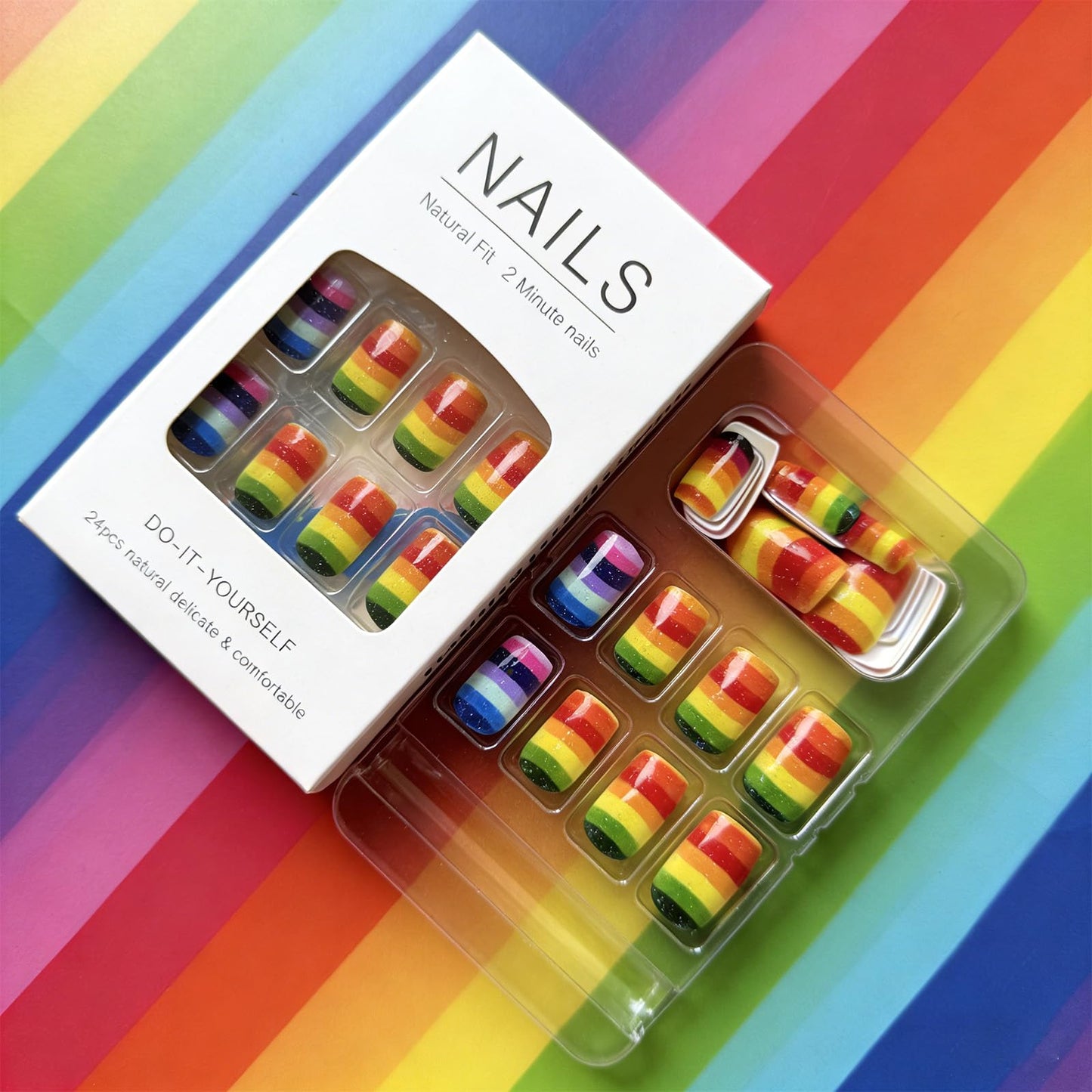 Rainbow Glitter Press on Nails Medium Square Fake Nails with Colorful Stripes Design Summer Glue on Nails Glossy Holiday False Nails Reusable Full Cover Stick on Nails for Women 24Pcs