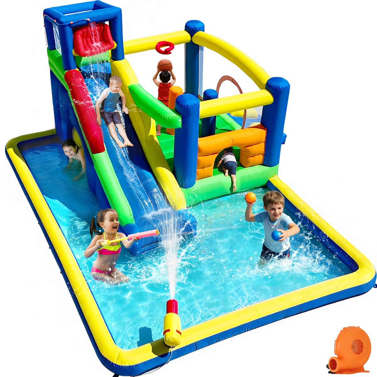 Baralir Upgrade 14.3x13.5FT Inflatable Water Park & Bounce House with Large Splash Pool, Long Slide, Climbing Wall, Basketball Hoop, Craw-Through Hole and Tunnel for Endless Summer Fun