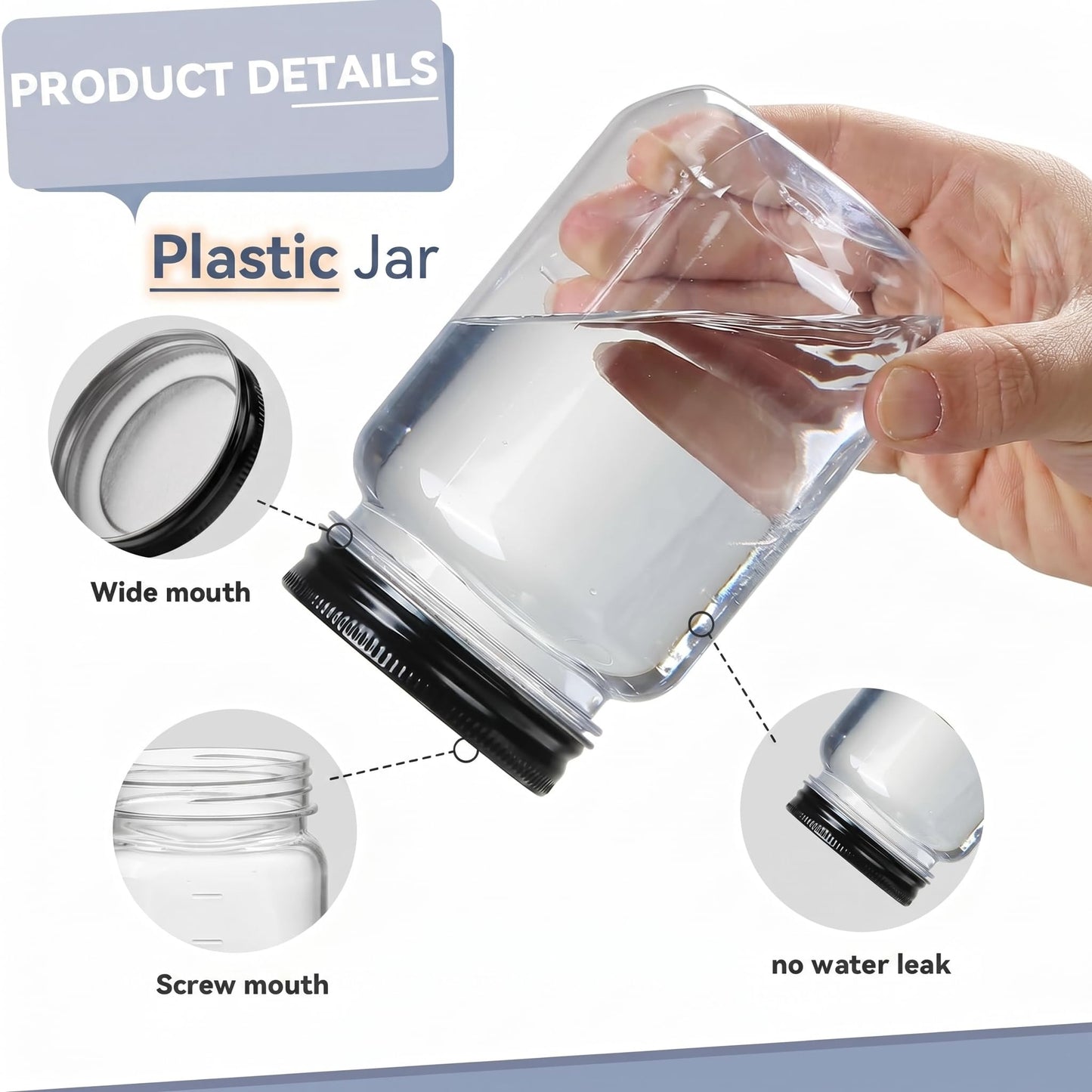 novelinks 16 oz Plastic Mason Jars with Lids, Refillable Clear Plastic Jars with Lids 16oz & Reusable Empty Storage Containers with Lids (Black,8 Pack)