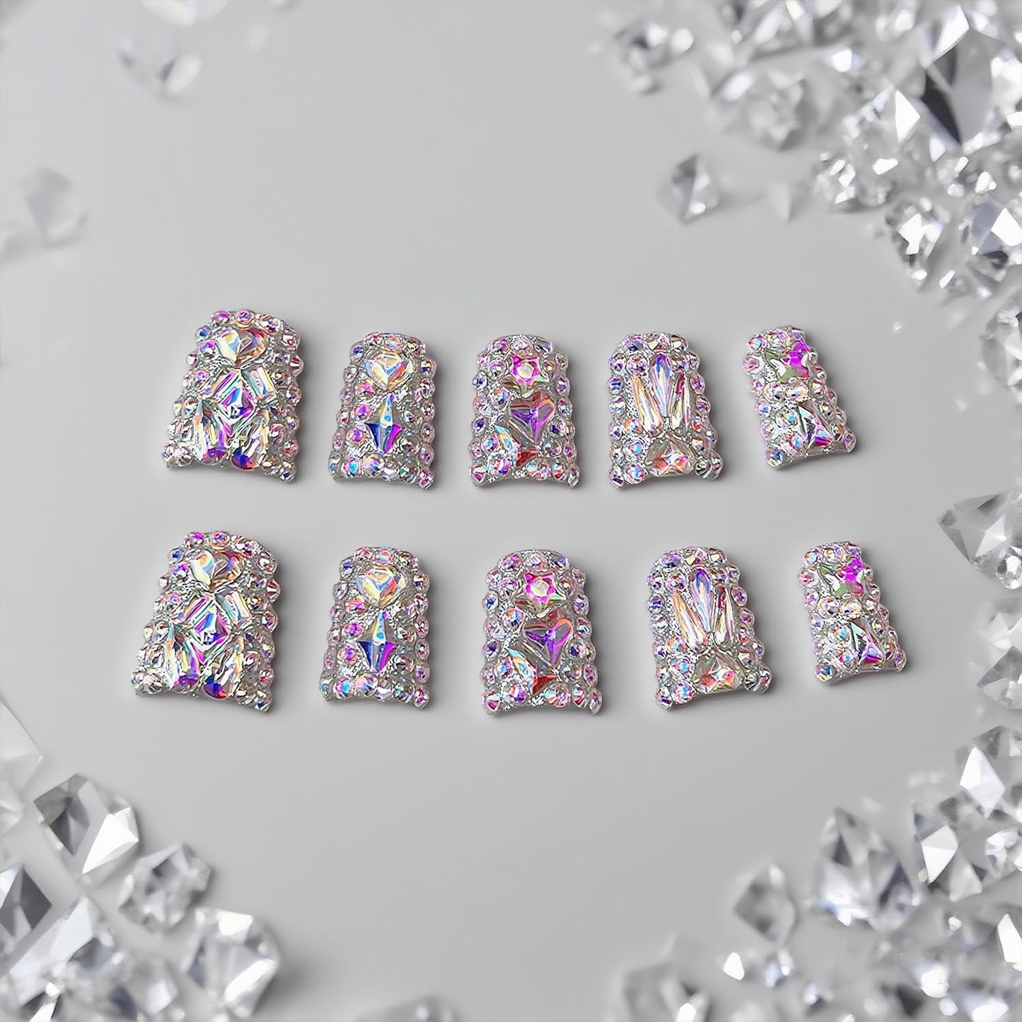 Handmade Press on Nails Medium Square Fake Nails Press Ons Colorful Light Glitter Luxury Rhinestone Full Cover Stick on Nails Gorgeous Glue on Nails for Women Girls (Gem Glitter S)
