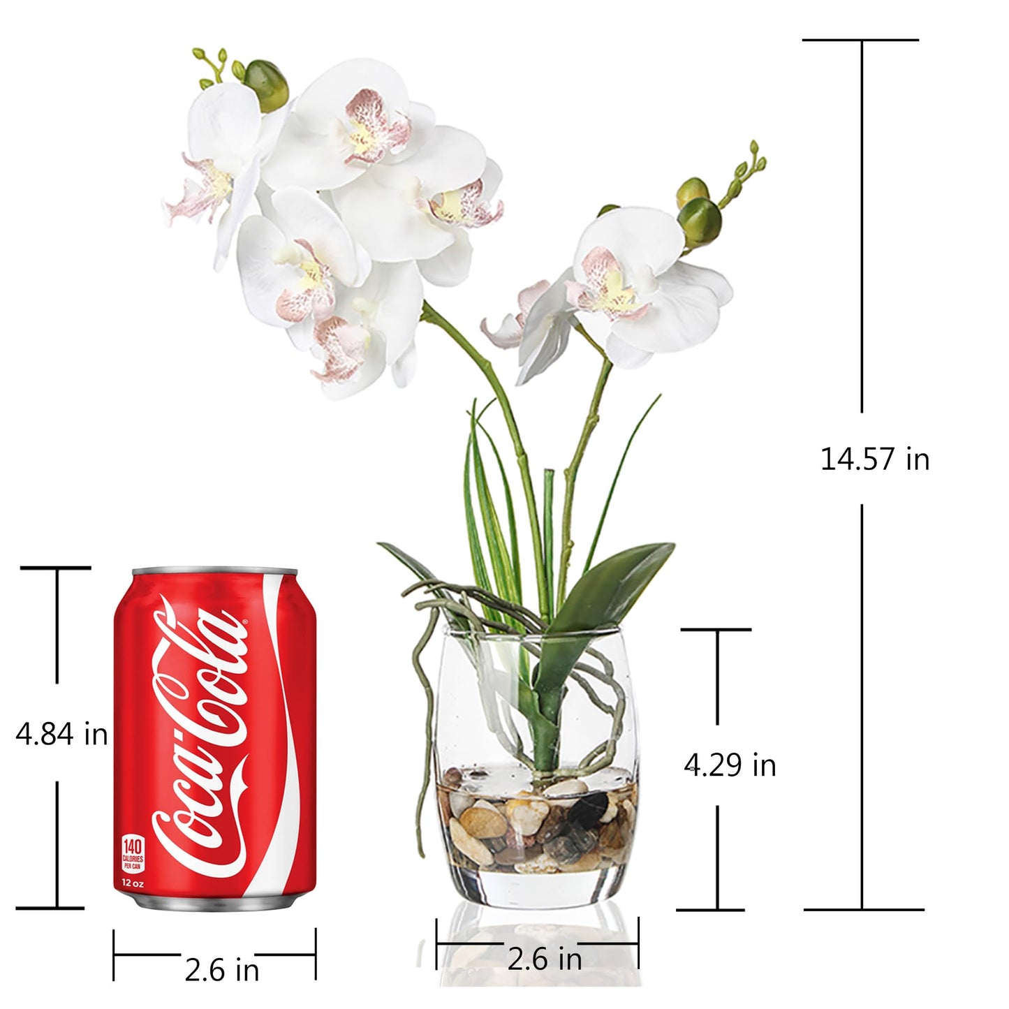 Jusdreen White Orchid Centerpiece in Glass Vase, 14.5 Inch Artificial Phalaenopsis with Potting for Home Office Decor, Table Centerpiece