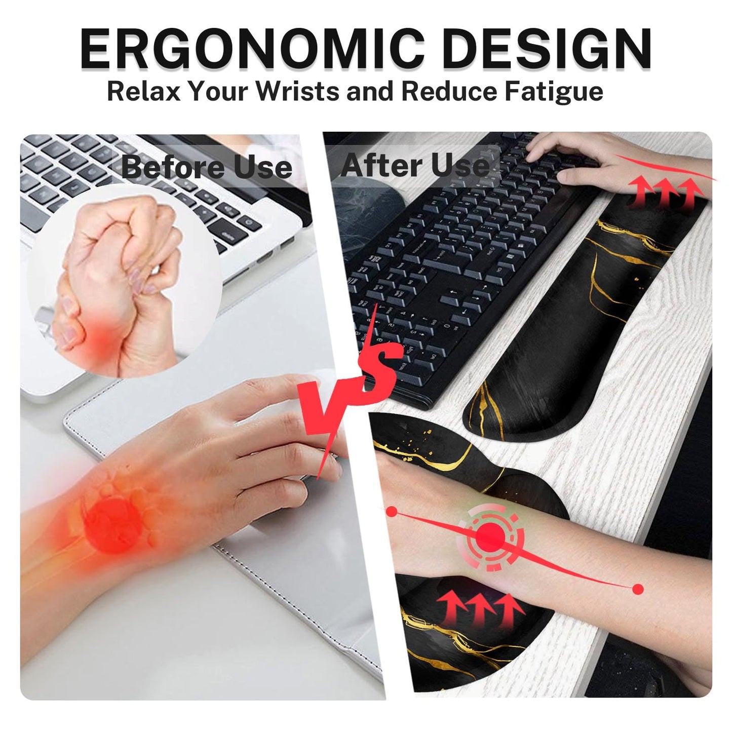 Britimes Black Gold Marble Keyboard Mouse Pad Set 4in1 Large Mousepad+Keyboard Wrist Rest+Mouse Wrist Rest+Coaster Ergonomic Design for Home Office Computer 35.4x15.7 inches