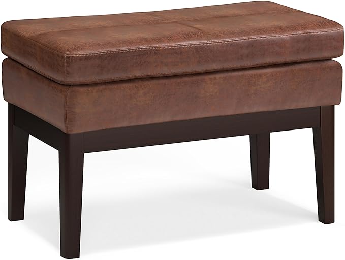 SIMPLIHOME Carlson 2-inch Wide Vegan Faux Leather Small Ottoman Bench in Distressed Black with Solid Wood Frame for Living Room, Entryway, or Bedroom