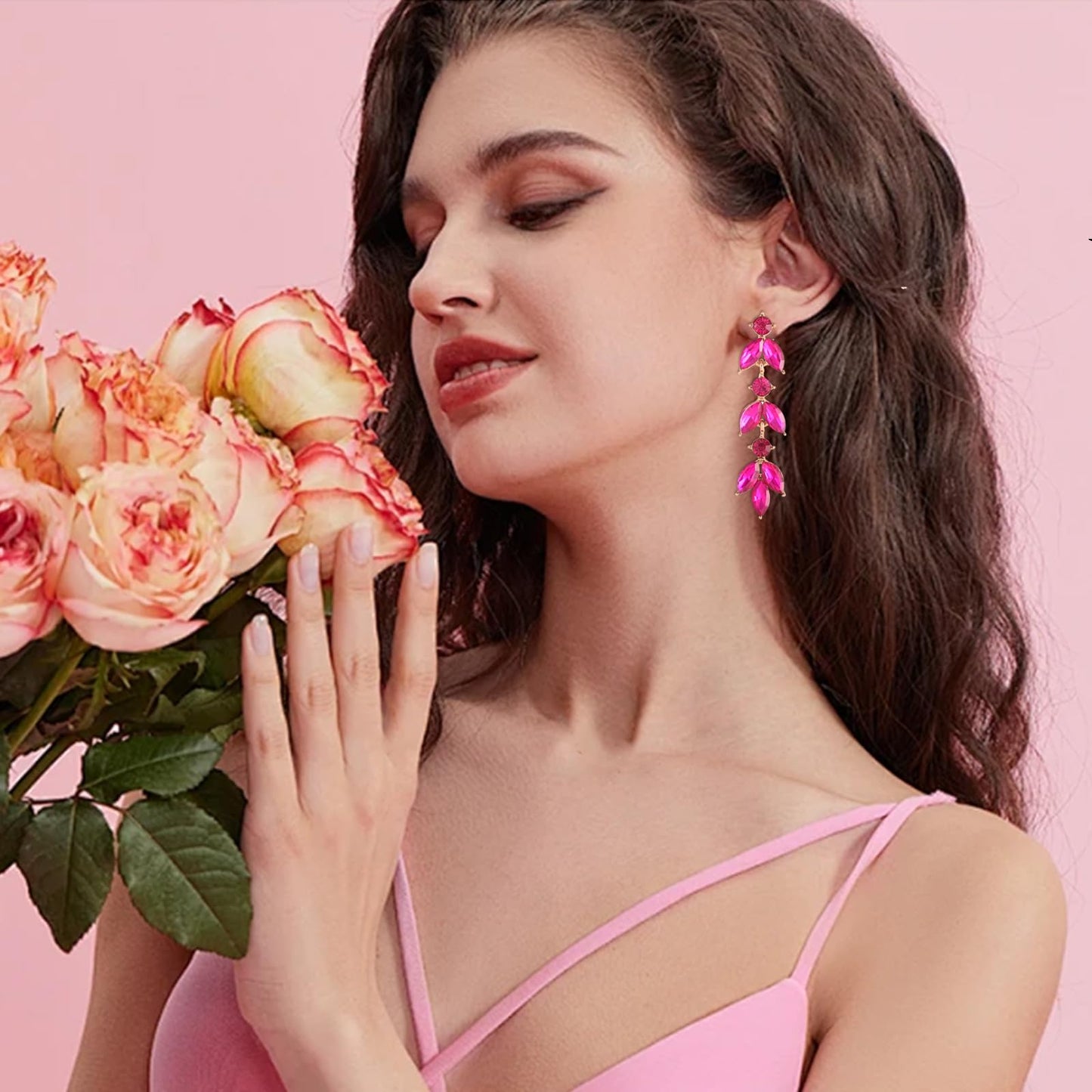 GAOKOXI Hot Pink Wedding Rhinestone Dangle Earrings Elegant Bridal Crystal Drop Earrings for Women Bridesmaids Guest Party Valentine's Day