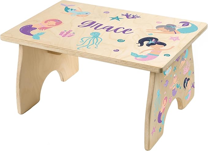 Step Stool for Toddlers- Personalized Wood Kids Step Stool with Name for Kitchen Sink, Bathroom, Potty Training, Toilet, Kitchen Sink- Sturdy and Safe- Made in USA by BloomOwl (Mermaid)