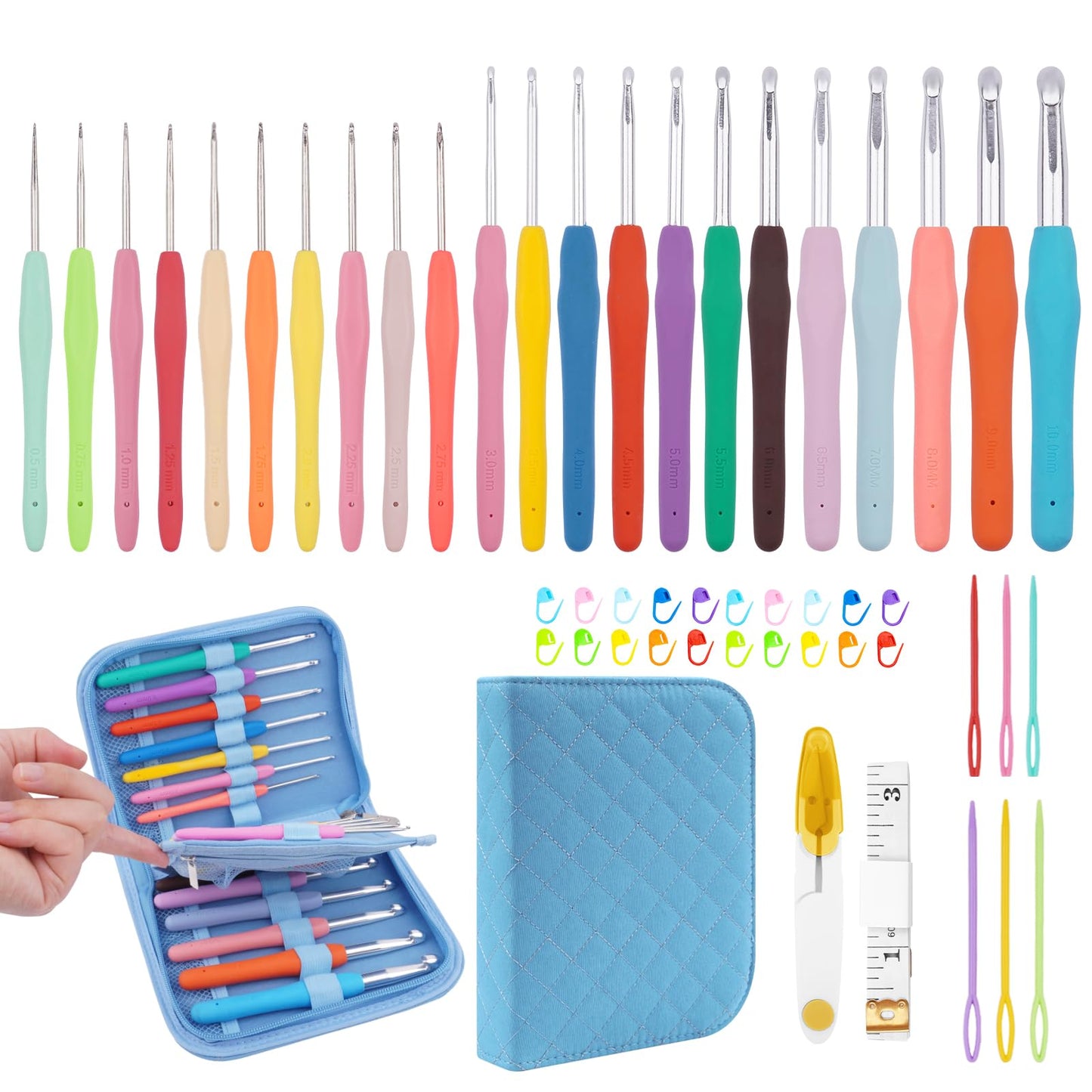 BsHooker 22 Sizes Crochet Hooks Set with Storage Case,0.5mm-10mm Crochet Hooks with Ergonomic Soft Handle for Arthritic Hands,Crochet Kit for Beginners,Blue