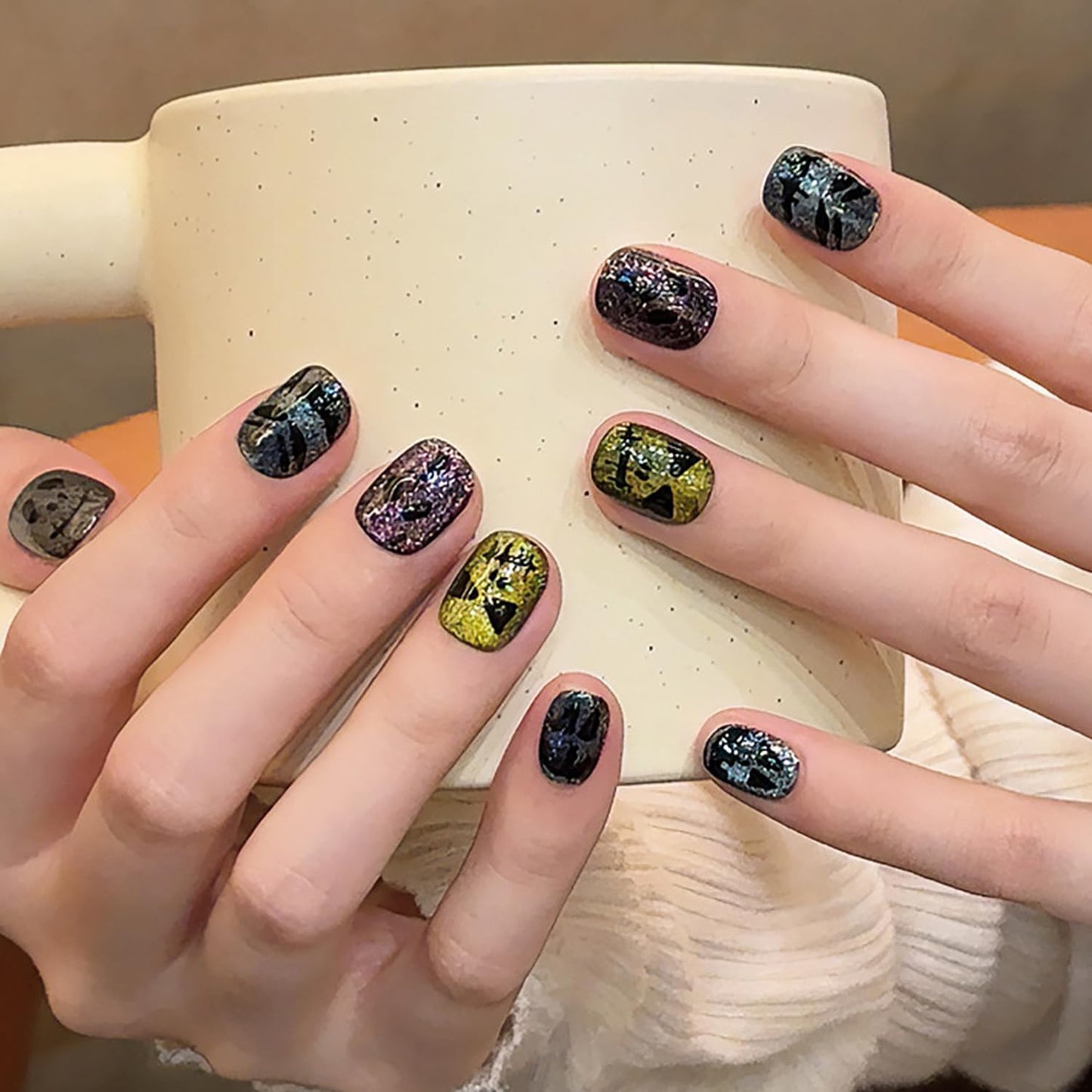 Halloween Press on Nails Short Square Handmade Nails 3D Unique Reusable ABS Material Fake Nails Cute False Nails with Designs Glitter Sparkly Glossy Glue on Nail Thick Acrylic Nail(M)