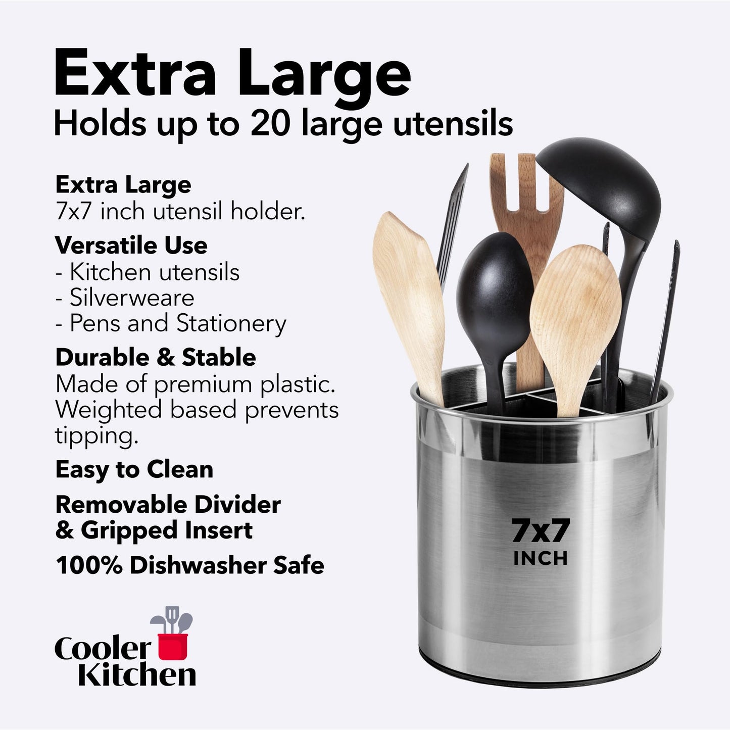 Cooler Kitchen Rotating Extra Large Stainless Steel Utensil Holder Caddy with Sturdy No-Tip Weighted Base, Removable Divider, and Gripped Insert Bottom -Dishwasher Safe Metal Cooking Utensil Holder