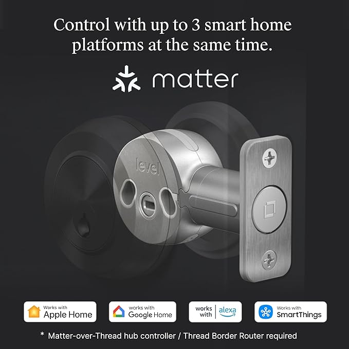 Level Bolt (Matter) Smart Deadbolt – Make Your Lock Smart Without Changing Keys or Hardware – Matter-Over-Thread, Keyless Entry & Remote Access via Apple Home, Google Home, Alexa, and for SmartThings