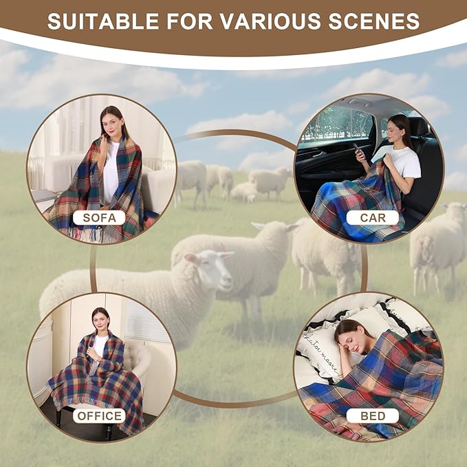 Throw Blanket Plaid with Carry Bag | Soft Wool Travel Blanket 55"x83" 1.5lbs | Navy Red Plaid Decorative Throw for Couch, Camping & Gift
