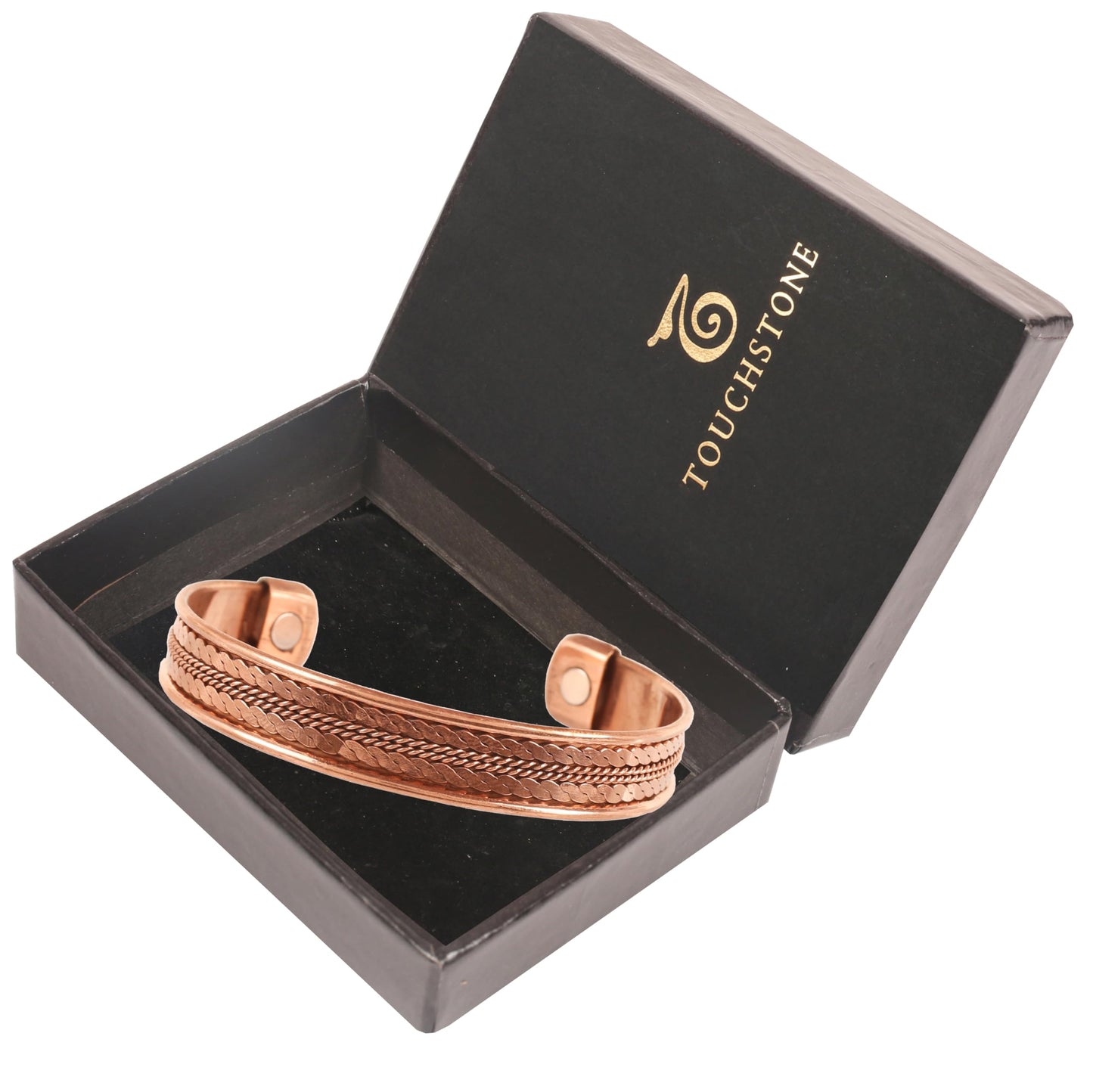 Touchstone Copper magnetic bracelet Tibetan style. Hand forged with solid and high gauge pure copper. Delicate brass inlay.