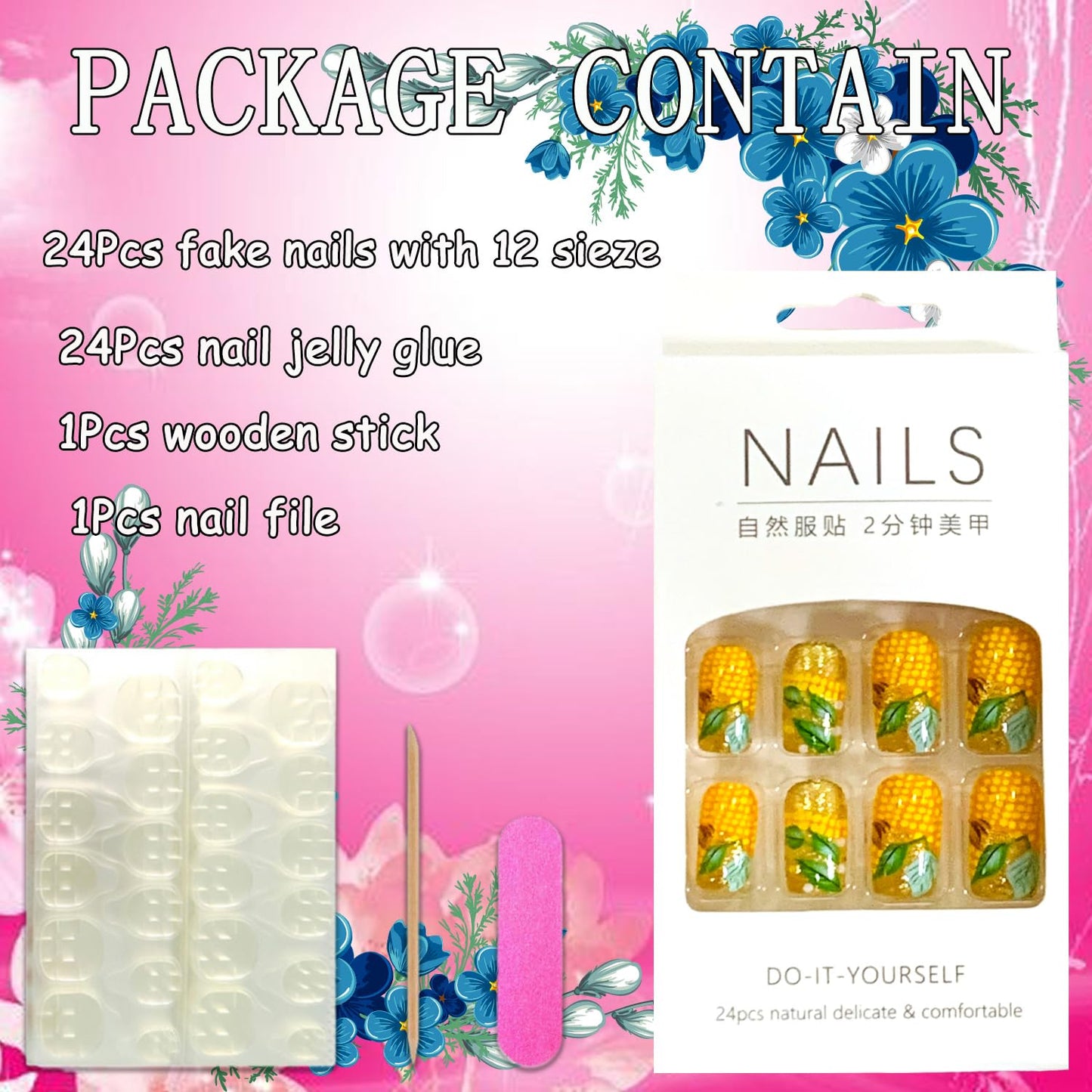 Press on Nails Medium Square Shapes 24Pcs Glossy Full Cover Artificial Glitter Fake Nails with Corn Designs Reusable Coffin Acrylic Fall False Nails Glue on Fingernails with Charm for Women