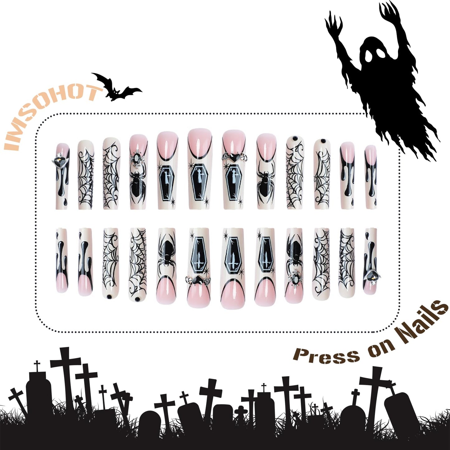 IMSOHOT Halloween Press on Nails Extra Long Square Fake Nails Glossy Acrylic French Tip False Nails with Black Spider Web Designs Goth Gel Glue on Acrylic Nails