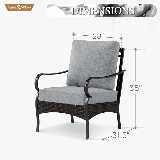 Sophia & William Extra Large Outdoor Patio Sofa Chairs Set 2 PCS Heavy-Duty Porch Furniture with High Back & Deep Seating Area, 5.5" Thicken Cushions for Deck, Lawn, Outside (Grey)