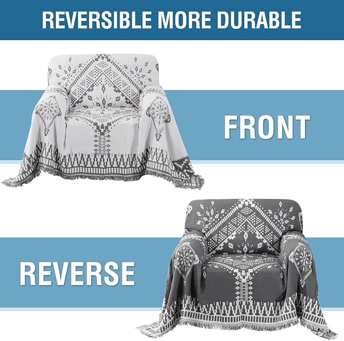 H.VERSAILTEX Reversible Sofa Cover Couch Cover for Dog Sofa Slipcover for Most Shape Sofa Furniture Protector with Tassels Sectional Couch Cover (Medium: 71" x 91", Dark Grey/White)