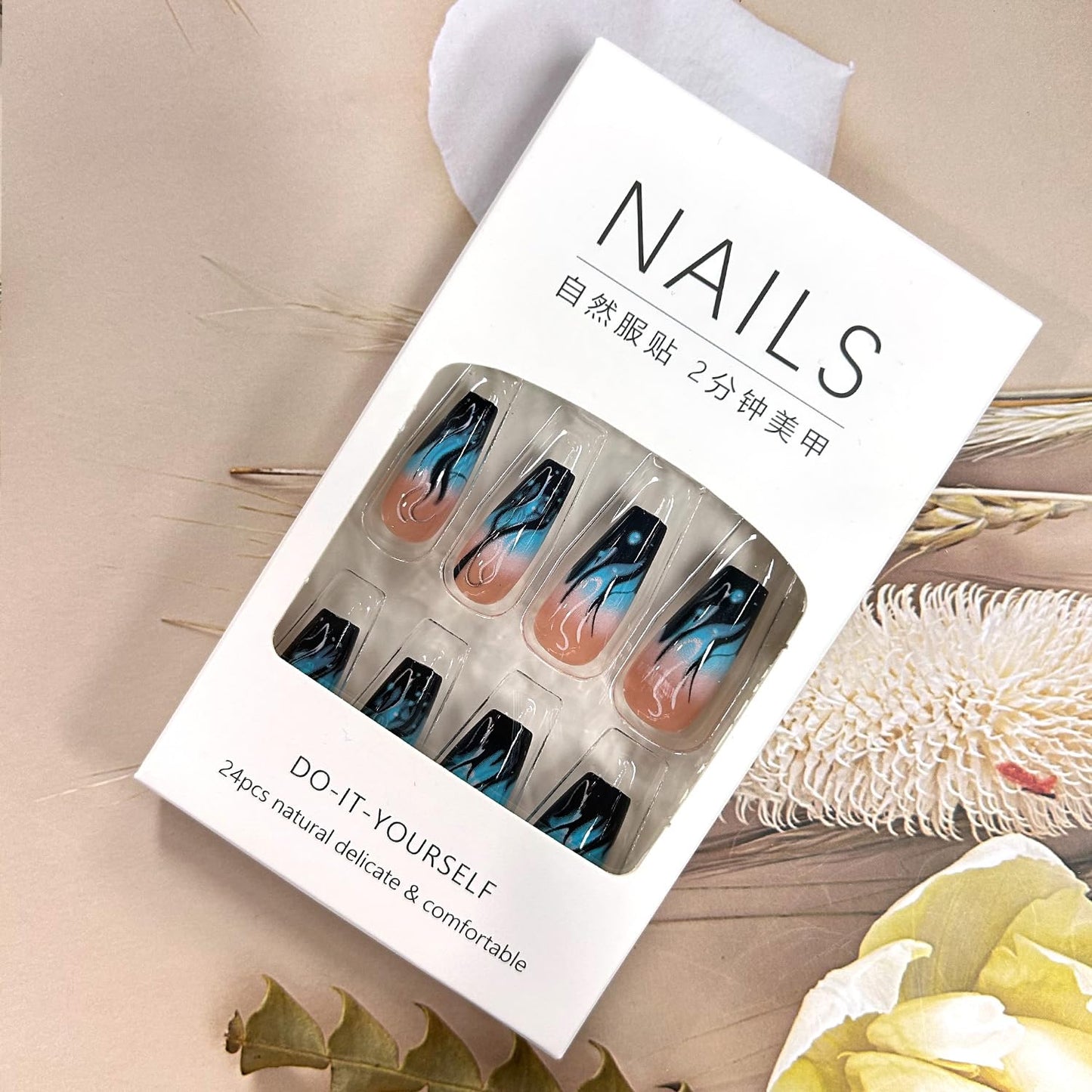 TBRZTR Press on Nails Medium Length Ballet Shaped Fake Nails Blue Flame Pattern Design Gradient Artificial Coffin Nails Black French Stick on Nails Full Cover Acrylic Glossy Glue on Nails for Women