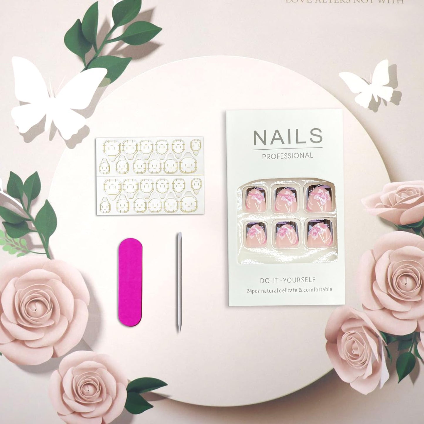 Flower Press on Toenails Summer False Toenails Black French Tip Toe Nails Reusable Full Cover Toe Nails for Women