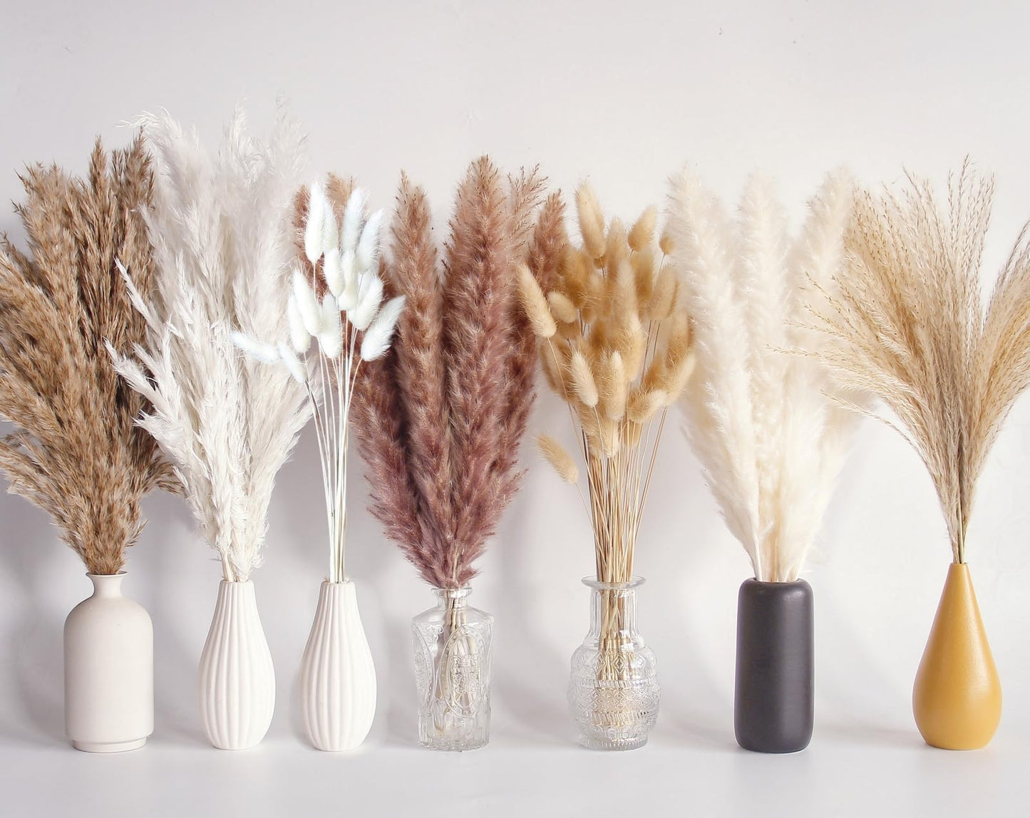Bannifll 125 PCS Dried Pampas Grass Bouquet, Boho Table Decor, Bunny Tails Dried Flowers, Brown Pampas, White Pampas Grass for Weddings, Home Decor, Rustic Parties, and Baby Shower Decorations