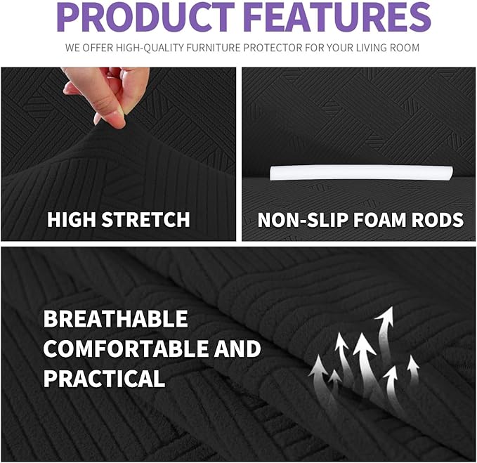 ZNSAYOTX Super Stretch Loveseat Covers (57"-70"), New Striped Love Seat Slipcover, Dogs Pet Friendly Anti-Slip Couch Protector Spandex Durable 2 Seater Fabric Sofa Cover (Black, Loveseat)