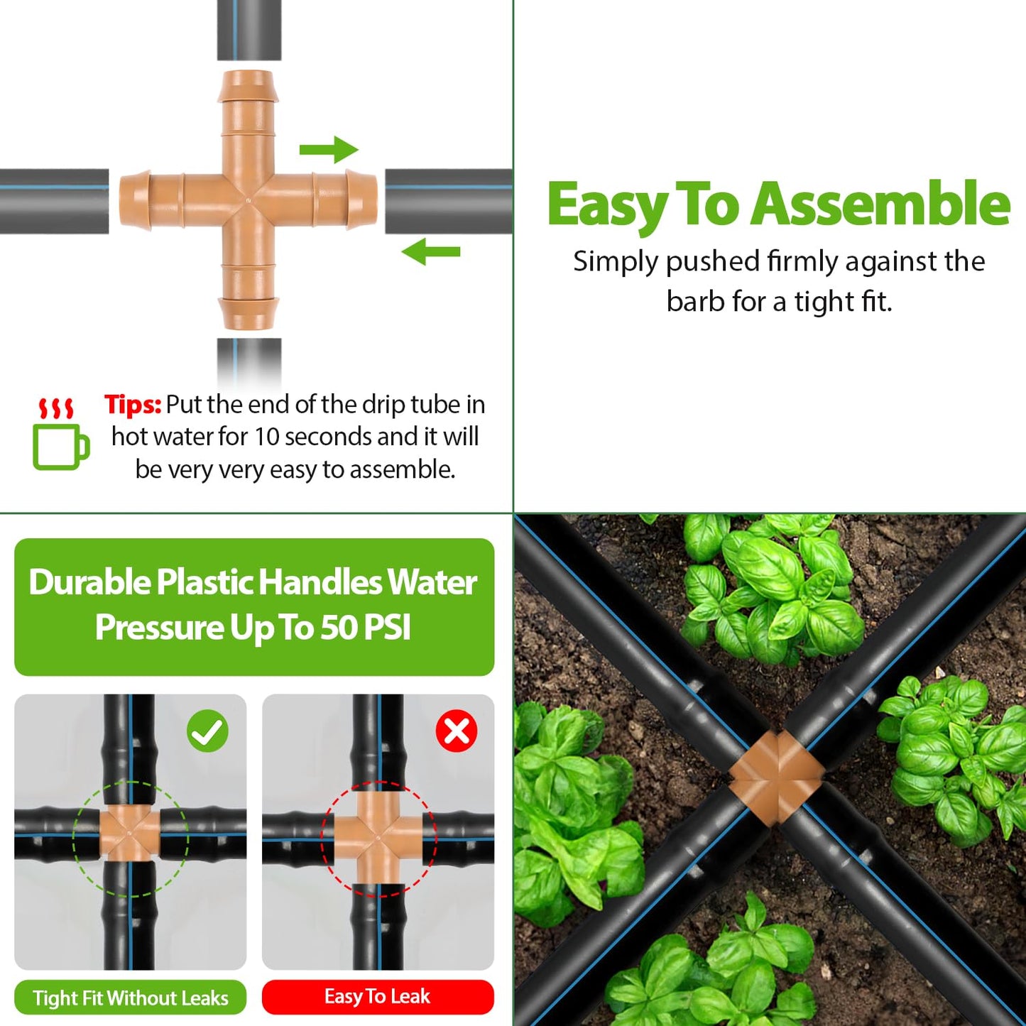 RedChili 12 Pcs 1/2 Inch Irrigation Tubing Cross Tee Fittings, 1/2" Drip Irrigation Barbed 4 Way Tee Connectors Fits 5/8", 1/2", .700" Drip Tubing for Garden Lawn Irrigation System