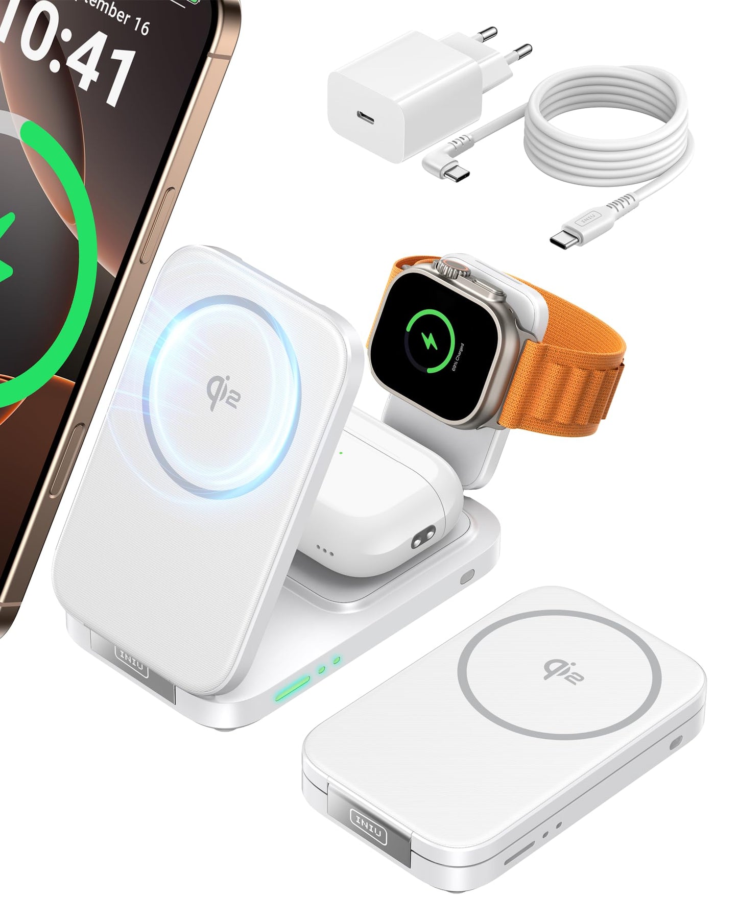 INIU Foldable Magnetic Wireless Charger, Qi2 Certified 3-in-1 Travel Charging Station with 15W Fast Charge - Compatible with Mag-Safe for iPhone 17/16/15 Series, Apple Watch, AirPods (White)